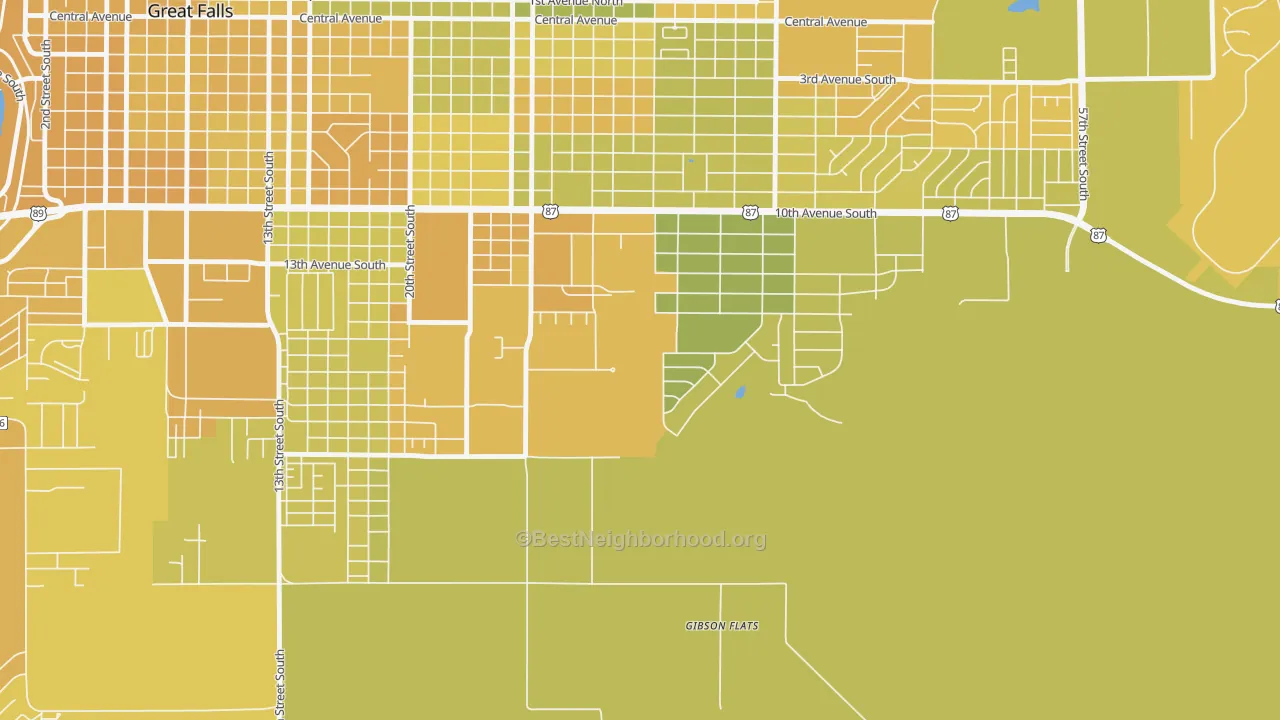 Map of the best neighborhoods in the Gibson Flats area, with better matches in green and worse matches in red