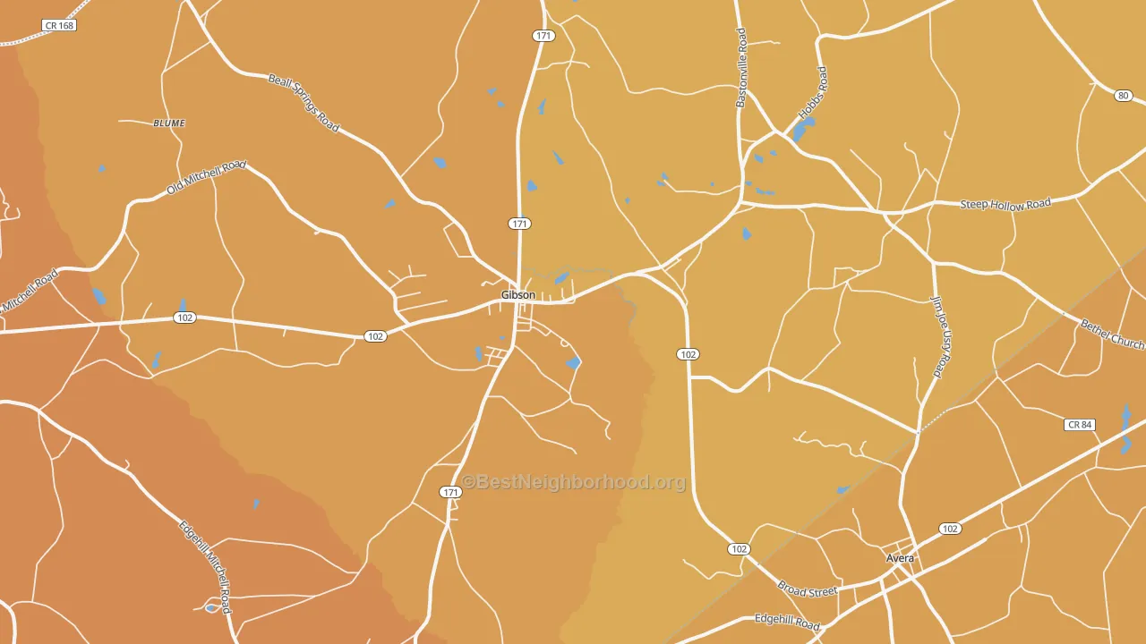 Map of the best neighborhoods in the Gibson area, with better matches in green and worse matches in red