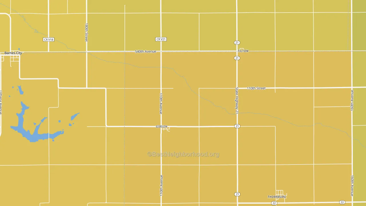 Map of the best neighborhoods in the Gibson area, with better matches in green and worse matches in red