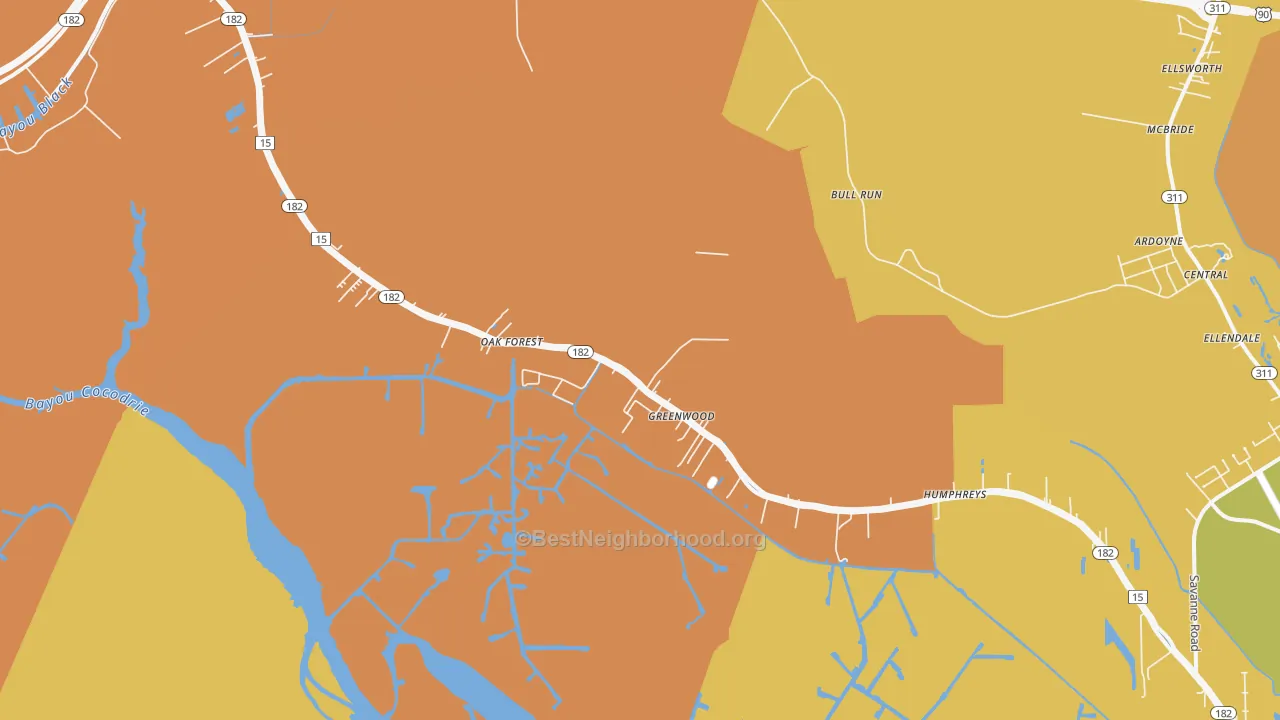 Map of the best neighborhoods in the Gibson area, with better matches in green and worse matches in red