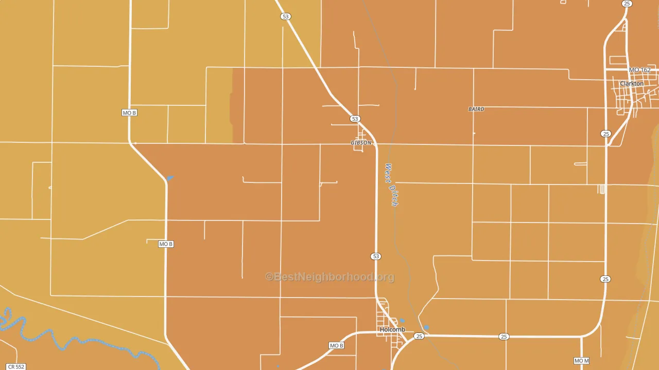 Map of the best neighborhoods in the Gibson area, with better matches in green and worse matches in red