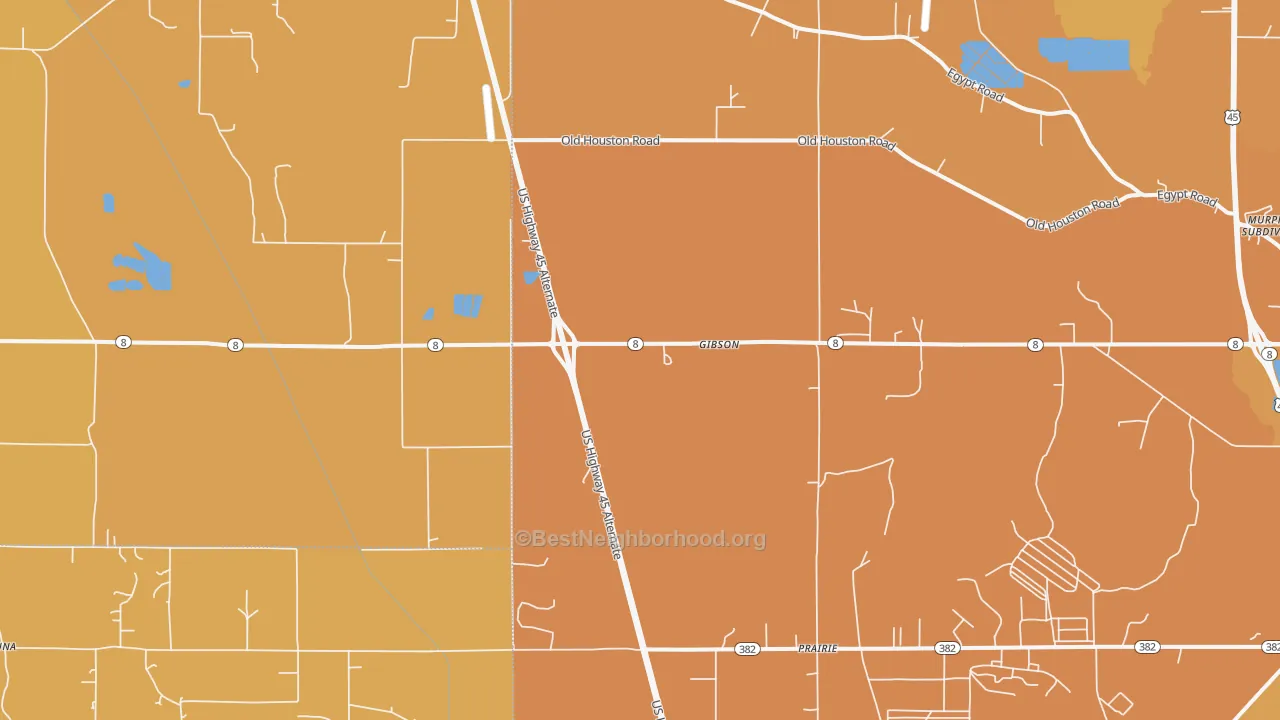 Map of the best neighborhoods in the Gibson area, with better matches in green and worse matches in red