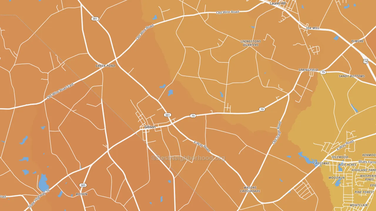 Map of the best neighborhoods in the Gibson area, with better matches in green and worse matches in red