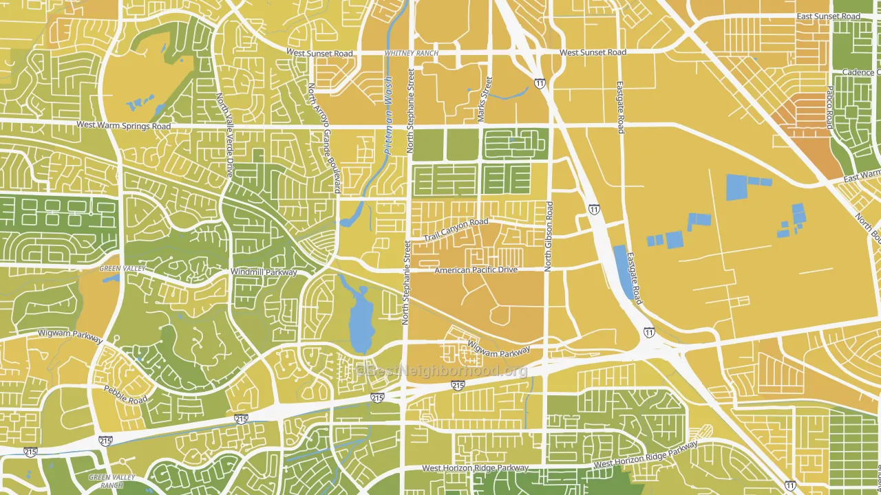 Map of the best neighborhoods in the Gibson Springs, Henderson area, with better matches in green and worse matches in red