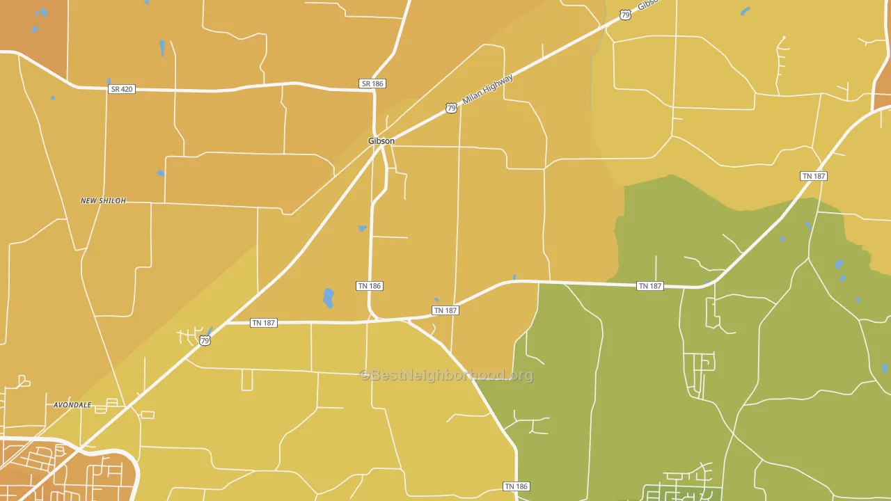 Map of the best neighborhoods in the Gibson area, with better matches in green and worse matches in red