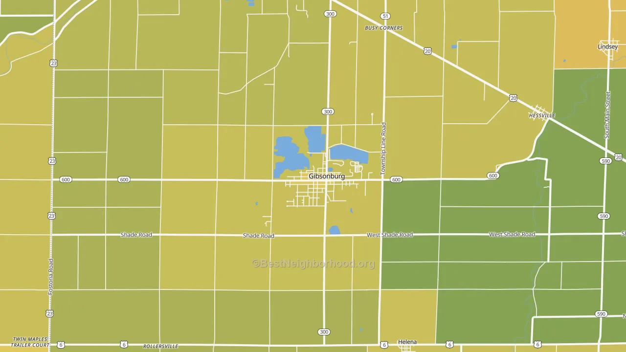 Map of the best neighborhoods in the Gibsonburg area, with better matches in green and worse matches in red
