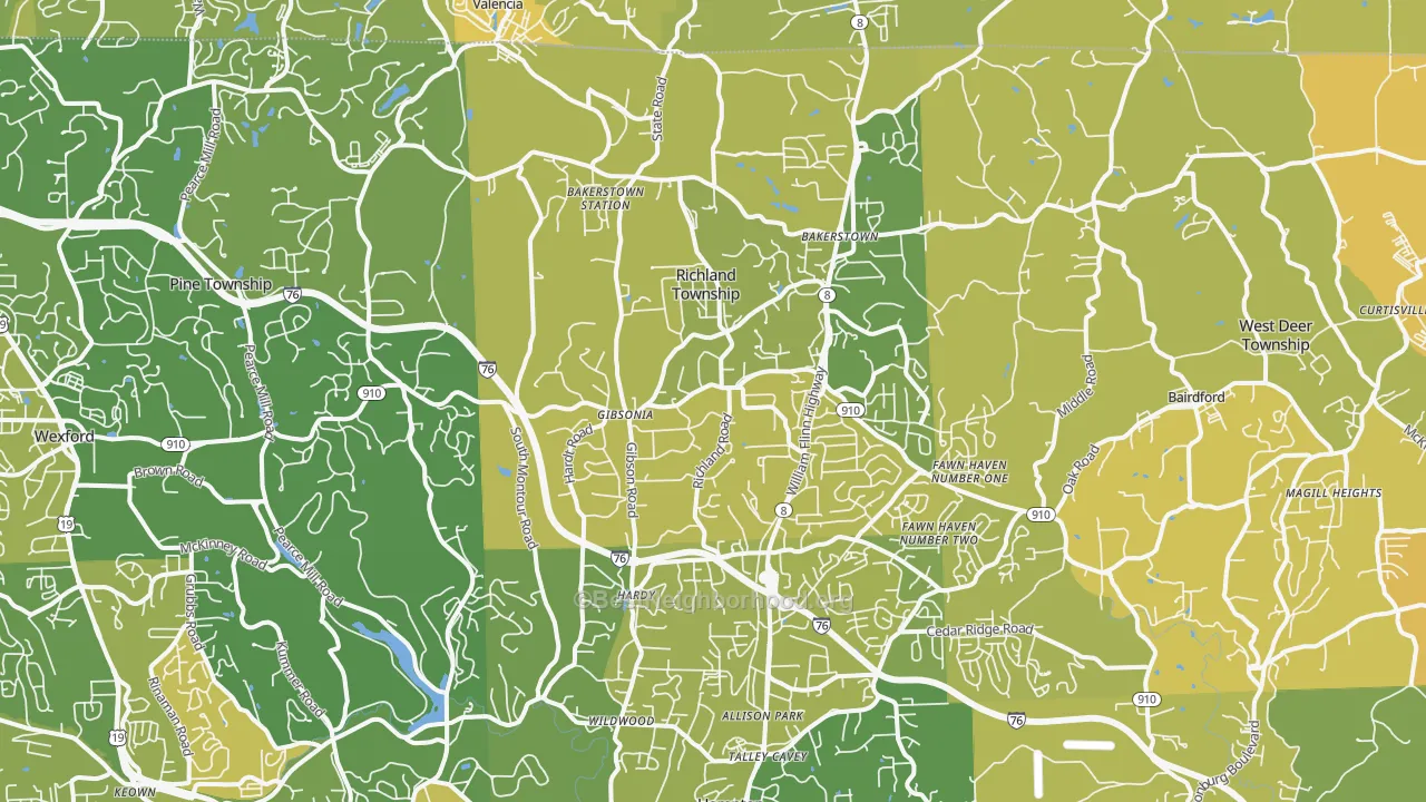 Map of the best neighborhoods in the Gibsonia area, with better matches in green and worse matches in red