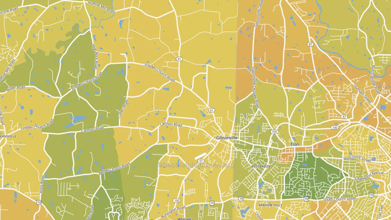 Map of the best neighborhoods in the Gibsonville area, with better matches in green and worse matches in red