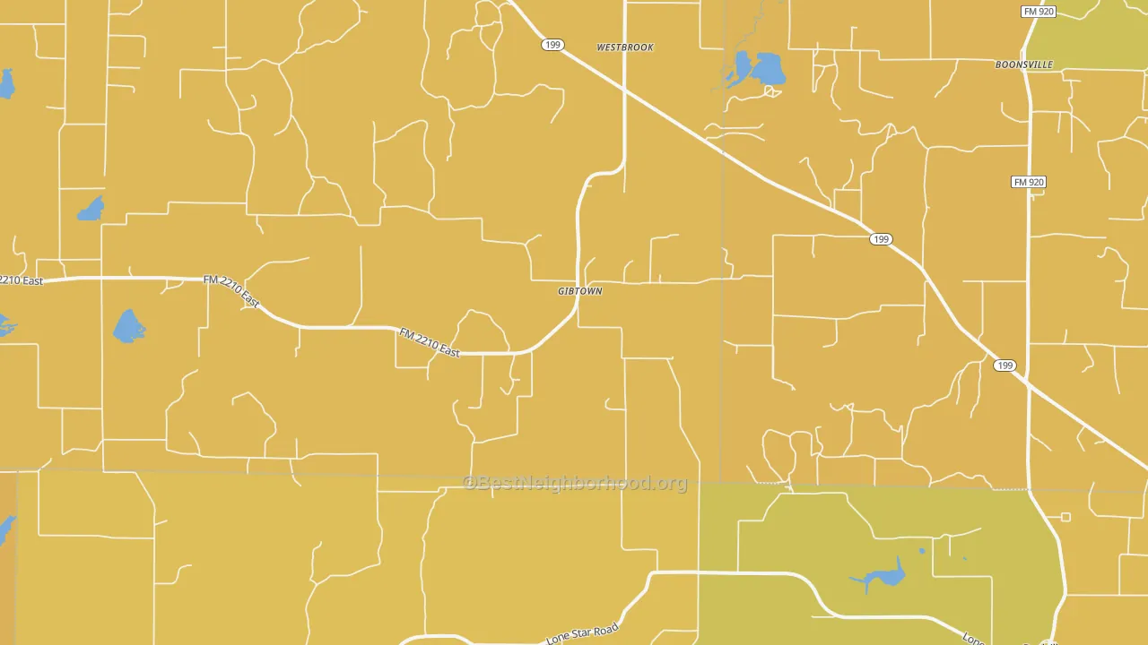 Map of the best neighborhoods in the Gibtown area, with better matches in green and worse matches in red