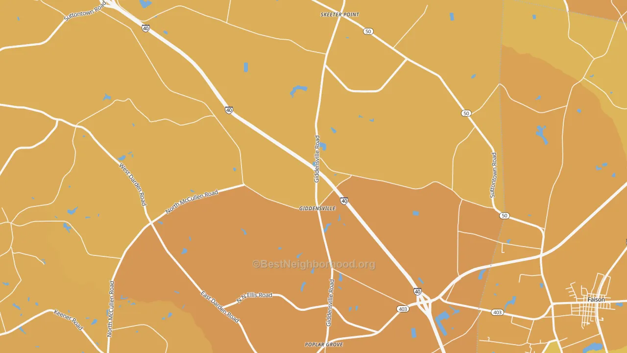 Map of the best neighborhoods in the Giddensville area, with better matches in green and worse matches in red