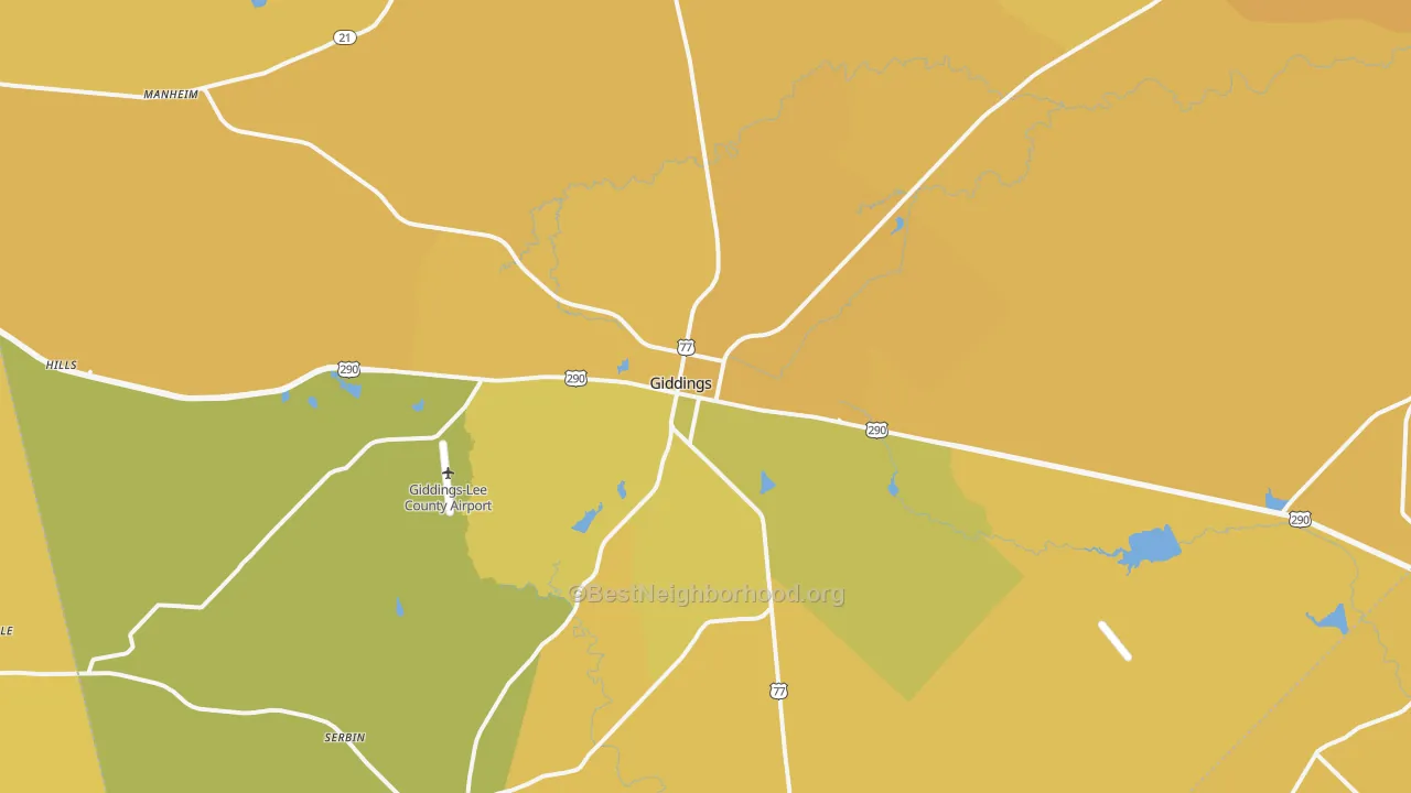 Map of the best neighborhoods in the Giddings area, with better matches in green and worse matches in red
