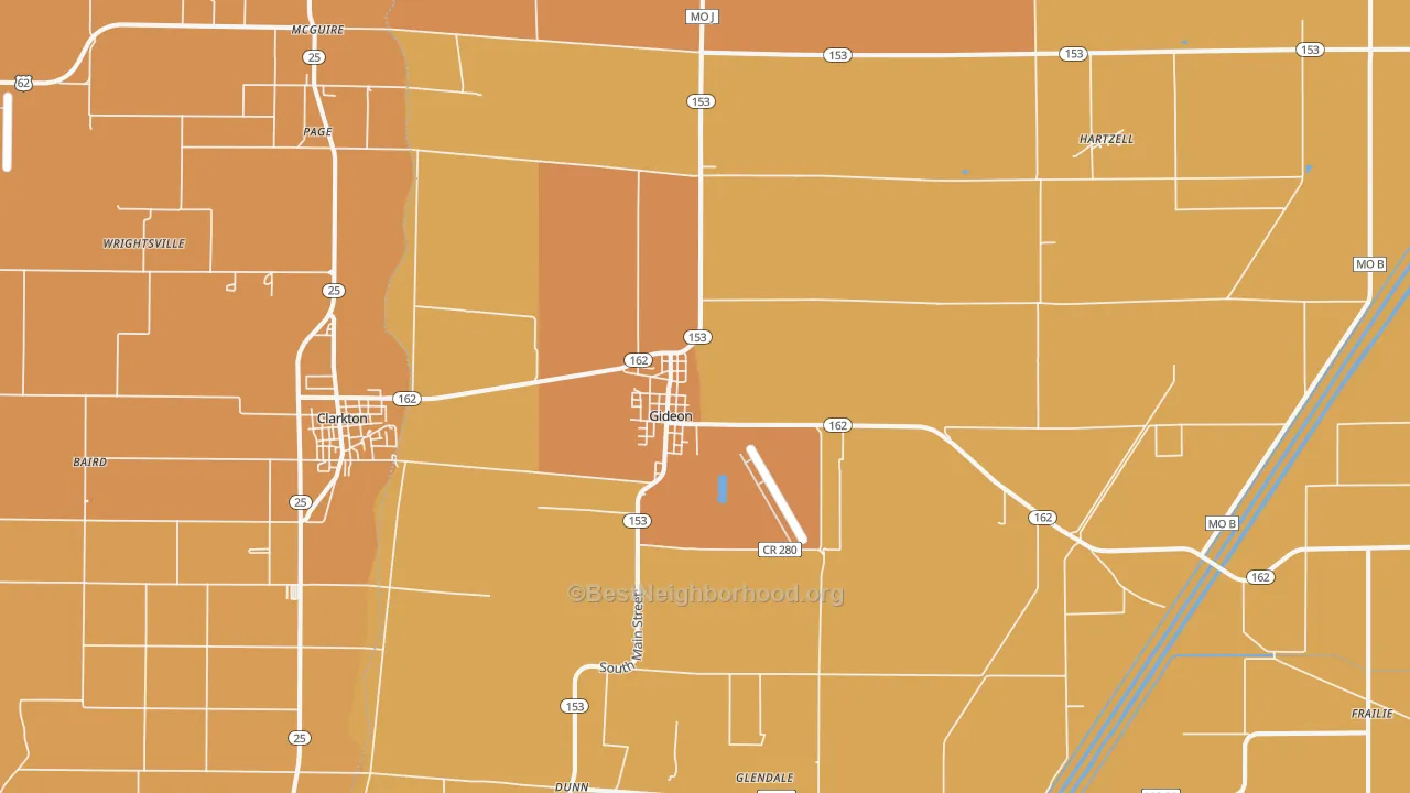 Map of the best neighborhoods in the Gideon area, with better matches in green and worse matches in red