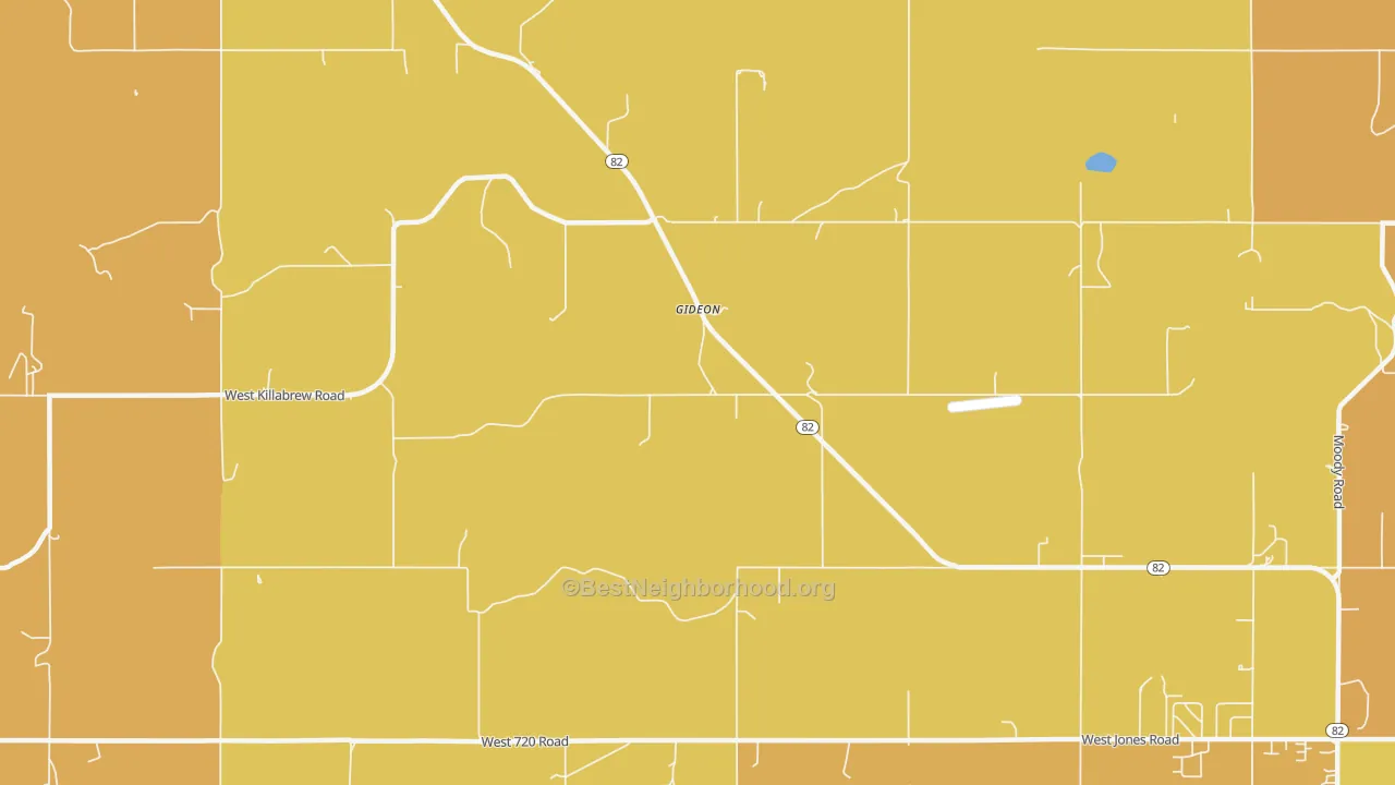 Map of the best neighborhoods in the Gideon area, with better matches in green and worse matches in red