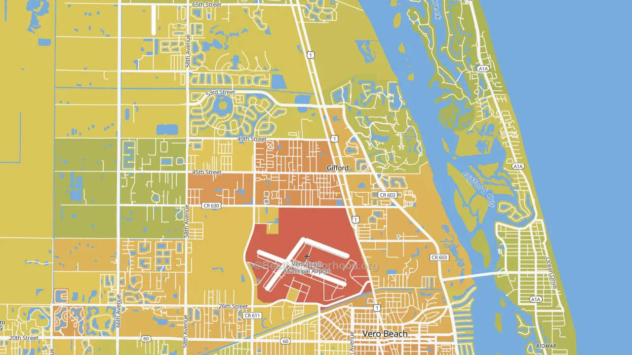Map of the best neighborhoods in the Gifford area, with better matches in green and worse matches in red