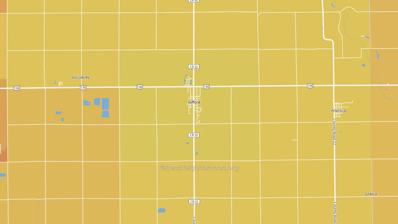 Map of the best neighborhoods in the Gifford area, with better matches in green and worse matches in red