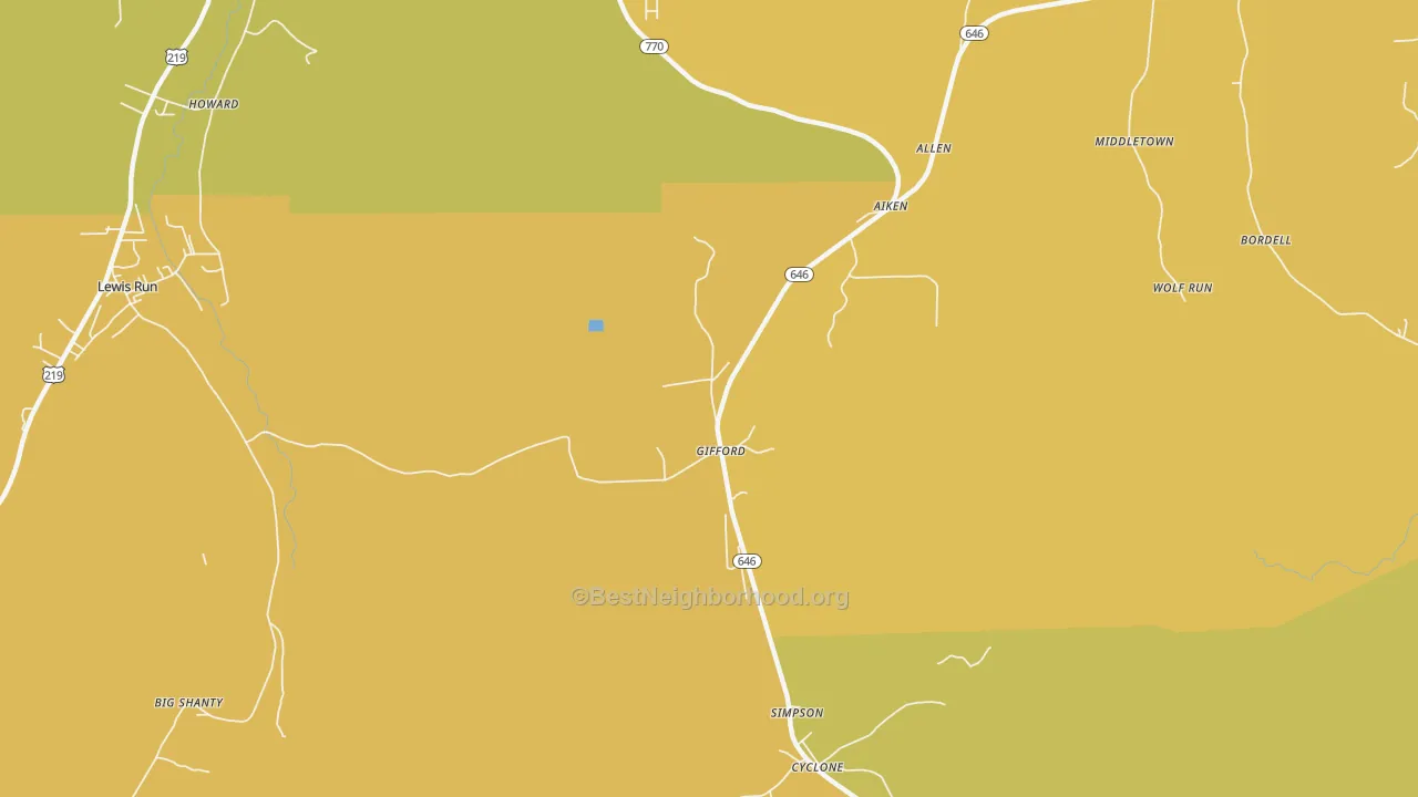 Map of the best neighborhoods in the Gifford area, with better matches in green and worse matches in red