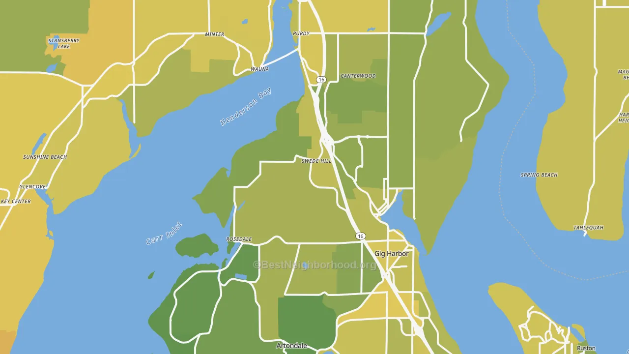 Map of the best neighborhoods in the Gig Harbor area, with better matches in green and worse matches in red