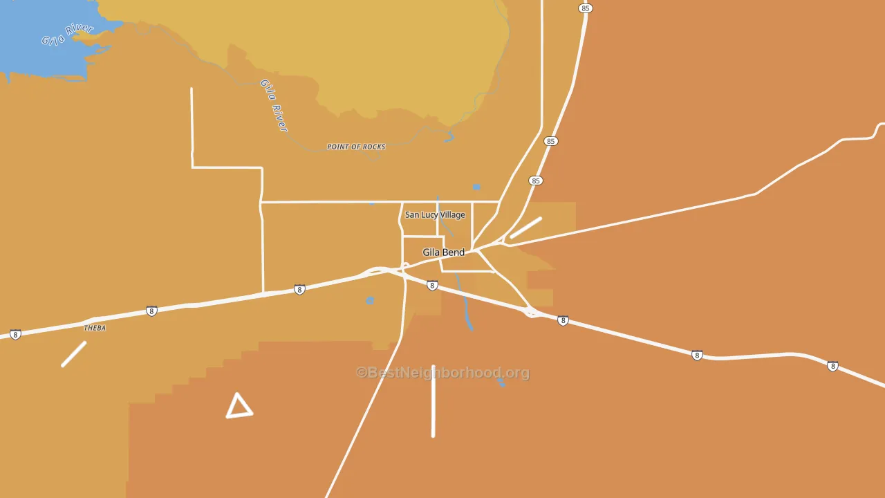 Map of the best neighborhoods in the Gila Bend area, with better matches in green and worse matches in red