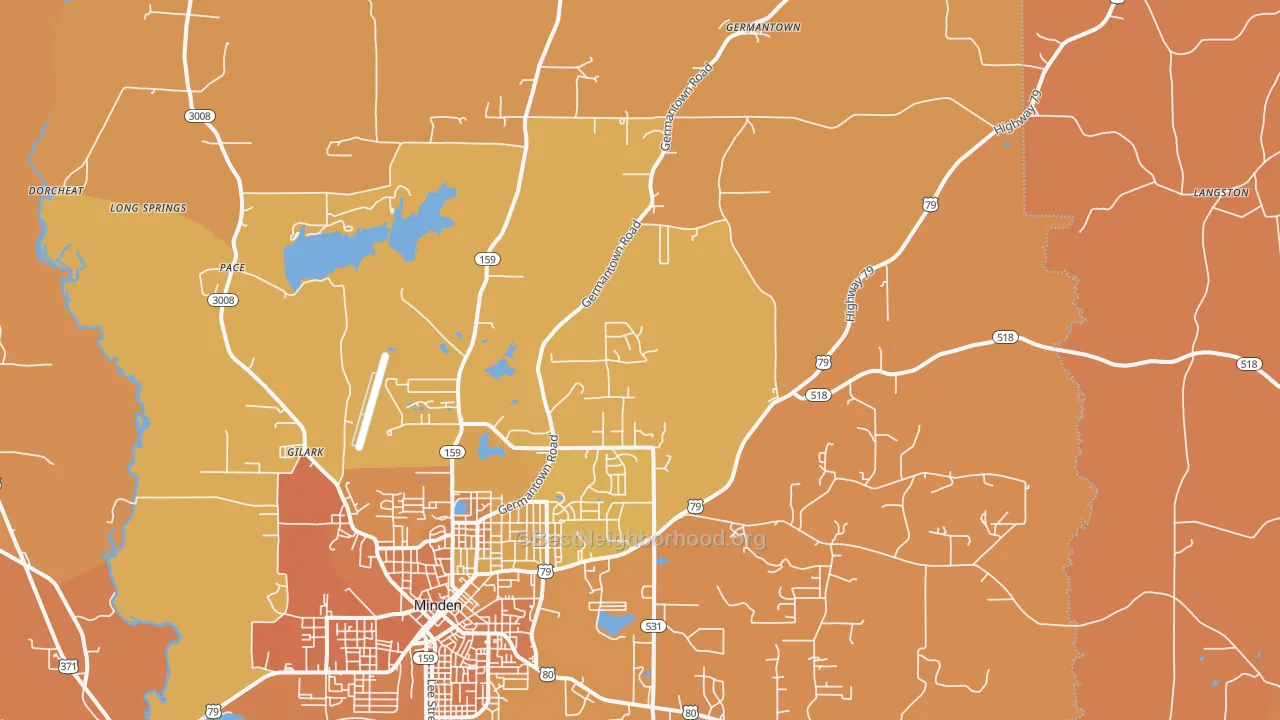 Map of the best neighborhoods in the Gilark area, with better matches in green and worse matches in red