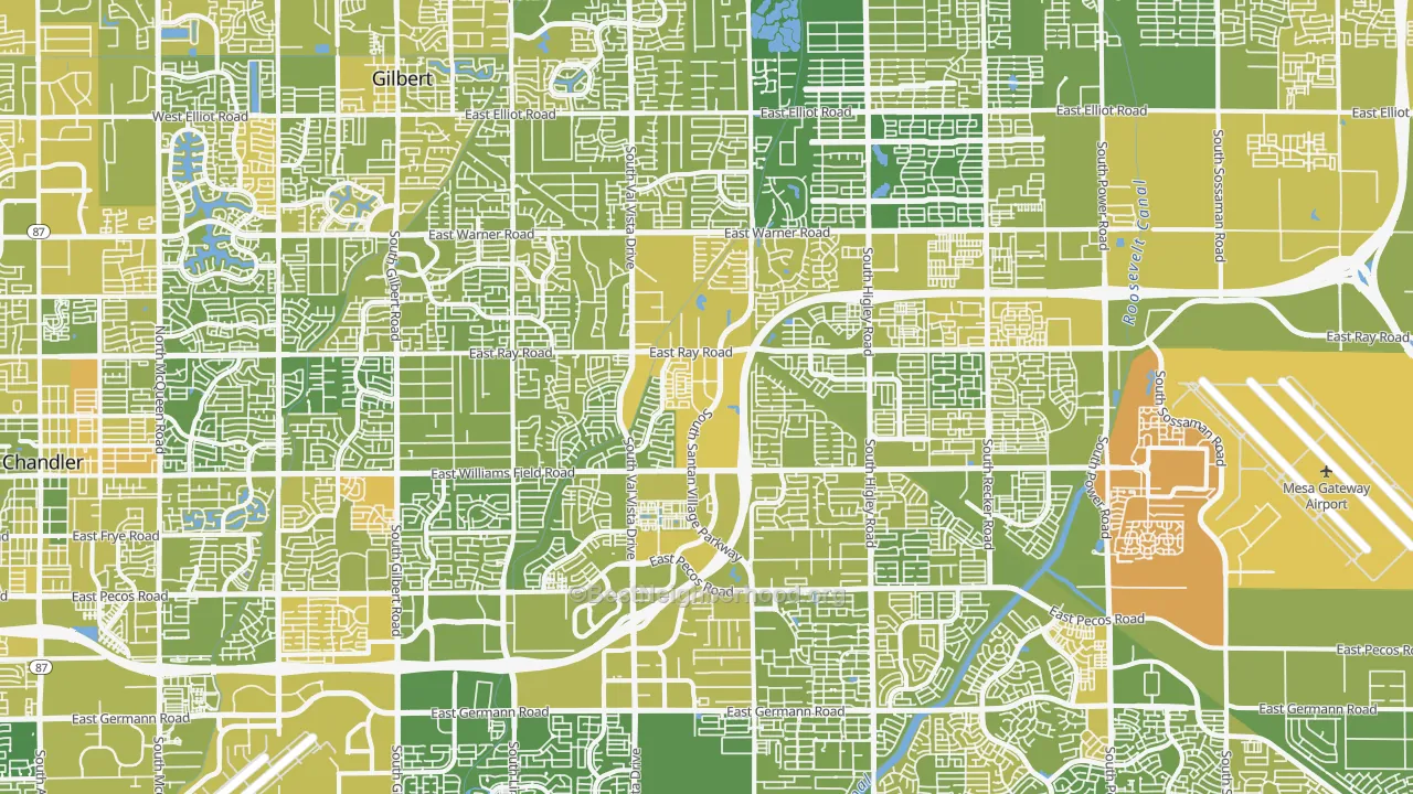 Map of the best neighborhoods in the Gilbert area, with better matches in green and worse matches in red