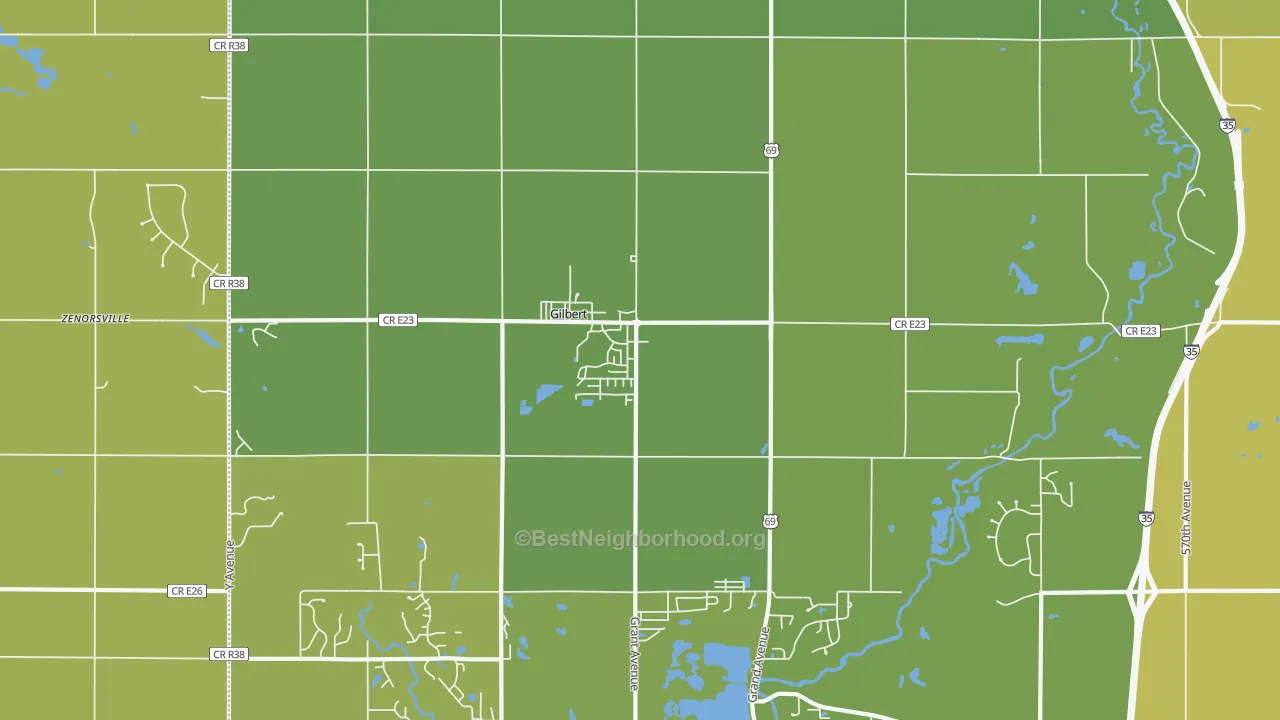 Map of the best neighborhoods in the Gilbert area, with better matches in green and worse matches in red