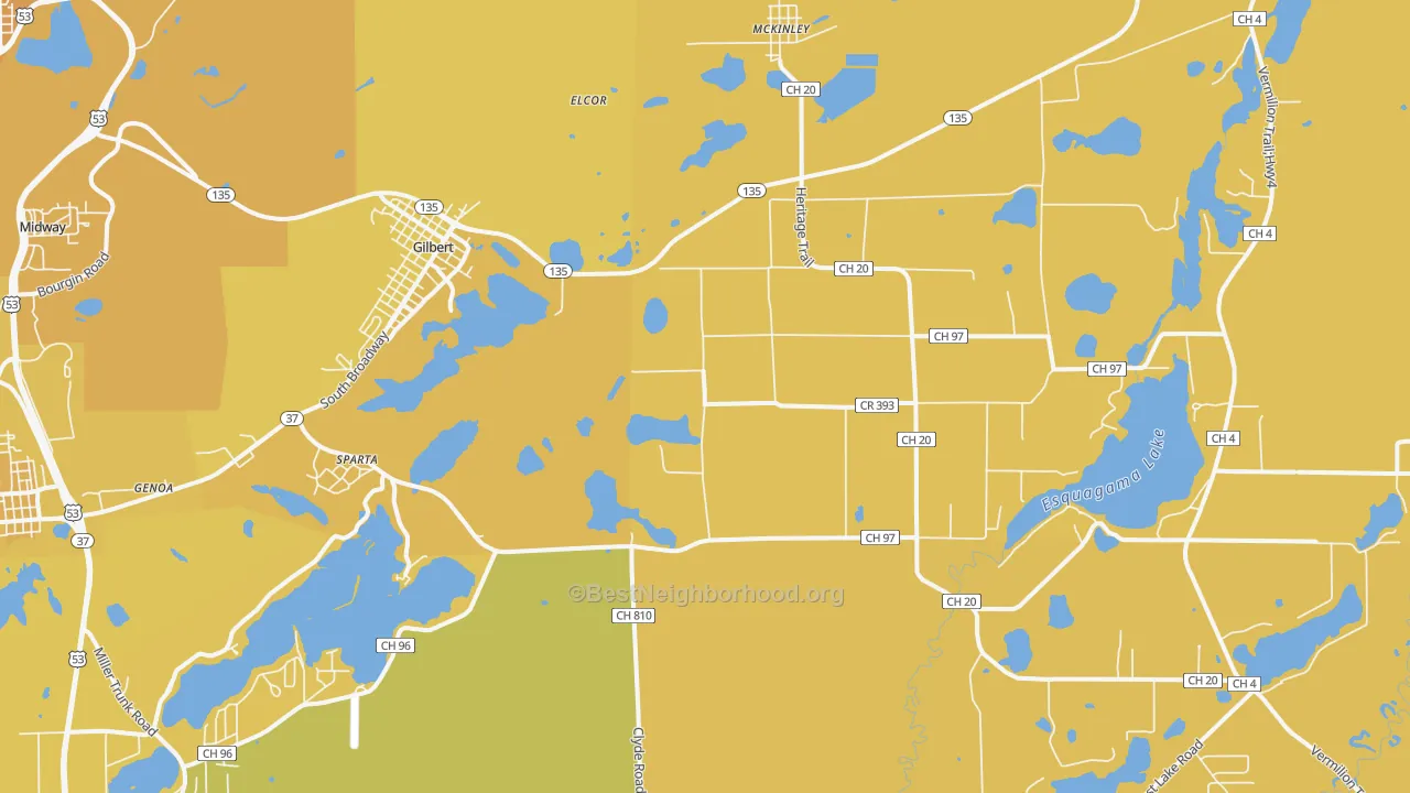 Map of the best neighborhoods in the Gilbert area, with better matches in green and worse matches in red