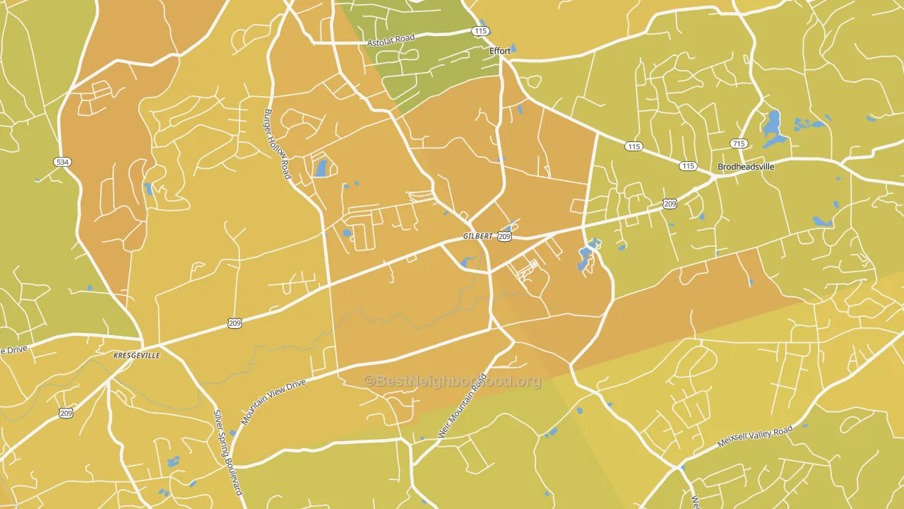 Map of the best neighborhoods in the Gilbert area, with better matches in green and worse matches in red