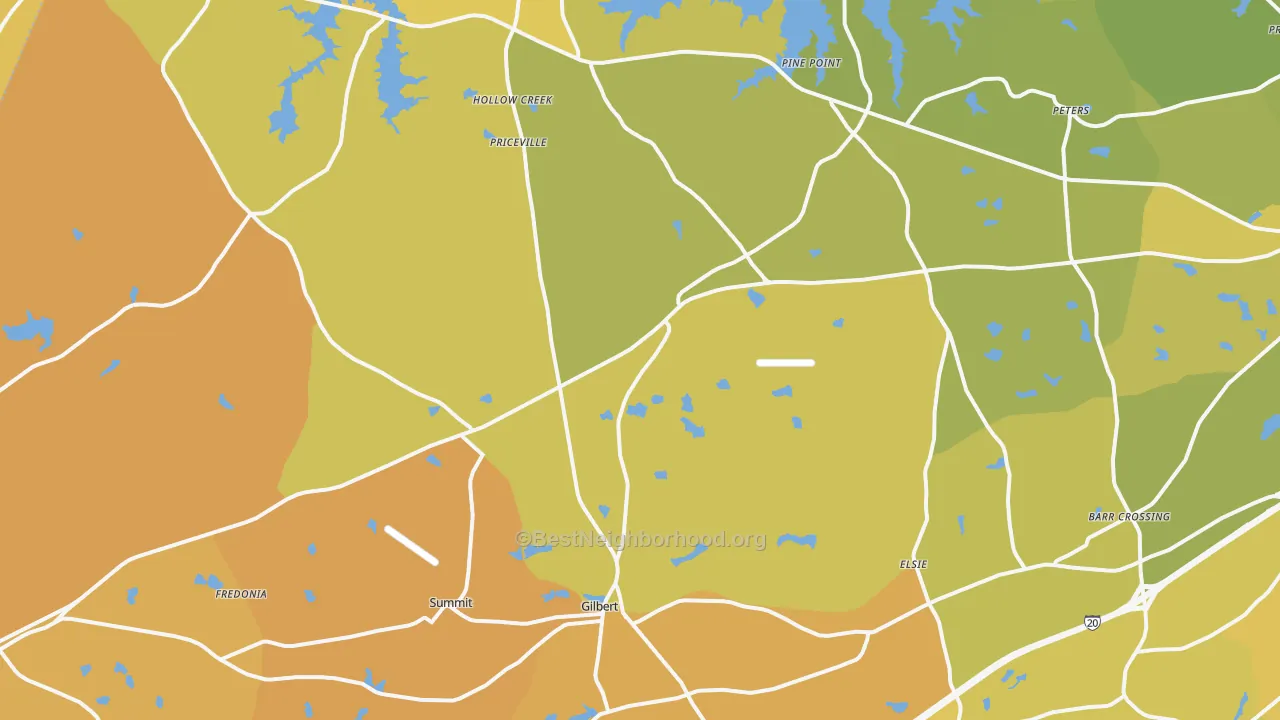 Map of the best neighborhoods in the Gilbert area, with better matches in green and worse matches in red