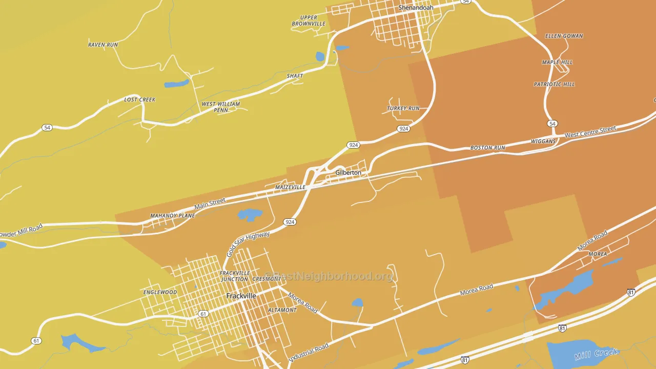 Map of the best neighborhoods in the Gilberton area, with better matches in green and worse matches in red
