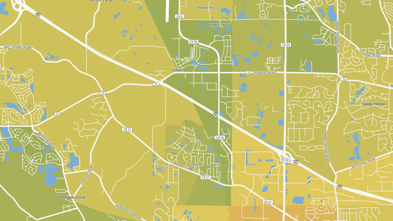Map of the best neighborhoods in the Gilberts area, with better matches in green and worse matches in red