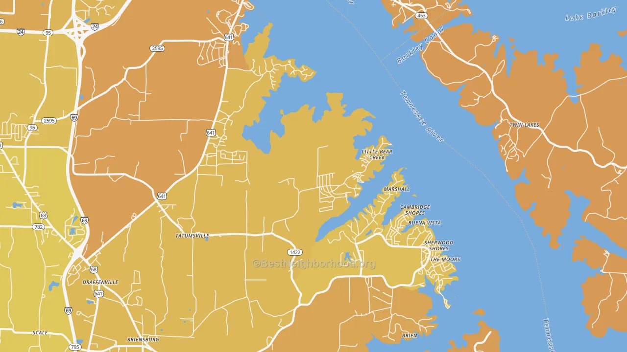 Map of the best neighborhoods in the Gilbertsville area, with better matches in green and worse matches in red