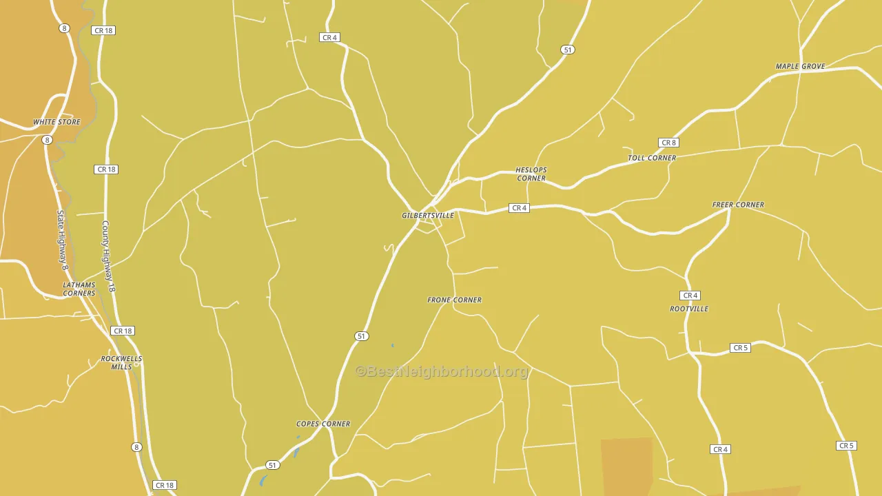 Map of the best neighborhoods in the Gilbertsville area, with better matches in green and worse matches in red