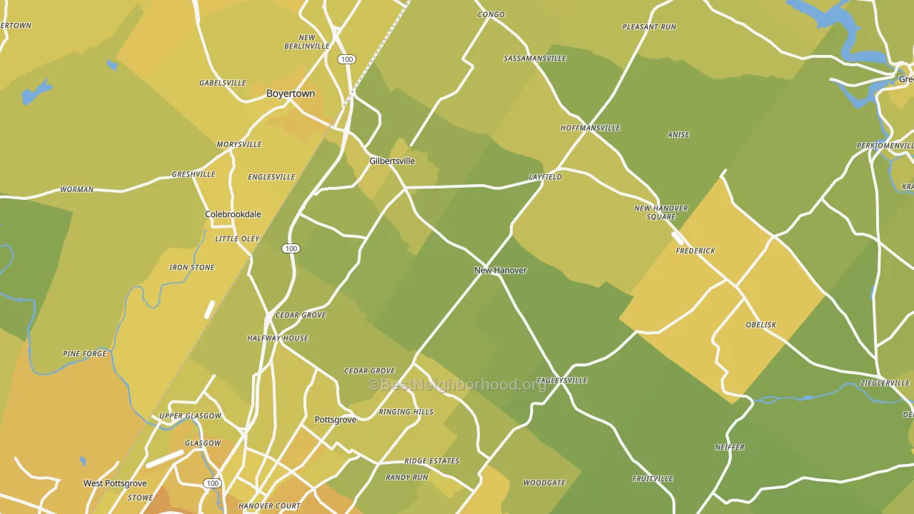 Map of the best neighborhoods in the Gilbertsville area, with better matches in green and worse matches in red