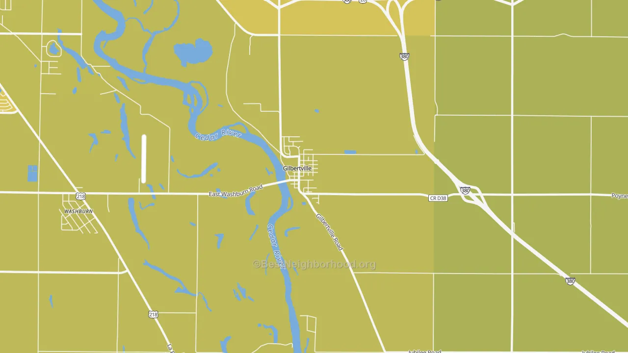 Map of the best neighborhoods in the Gilbertville area, with better matches in green and worse matches in red