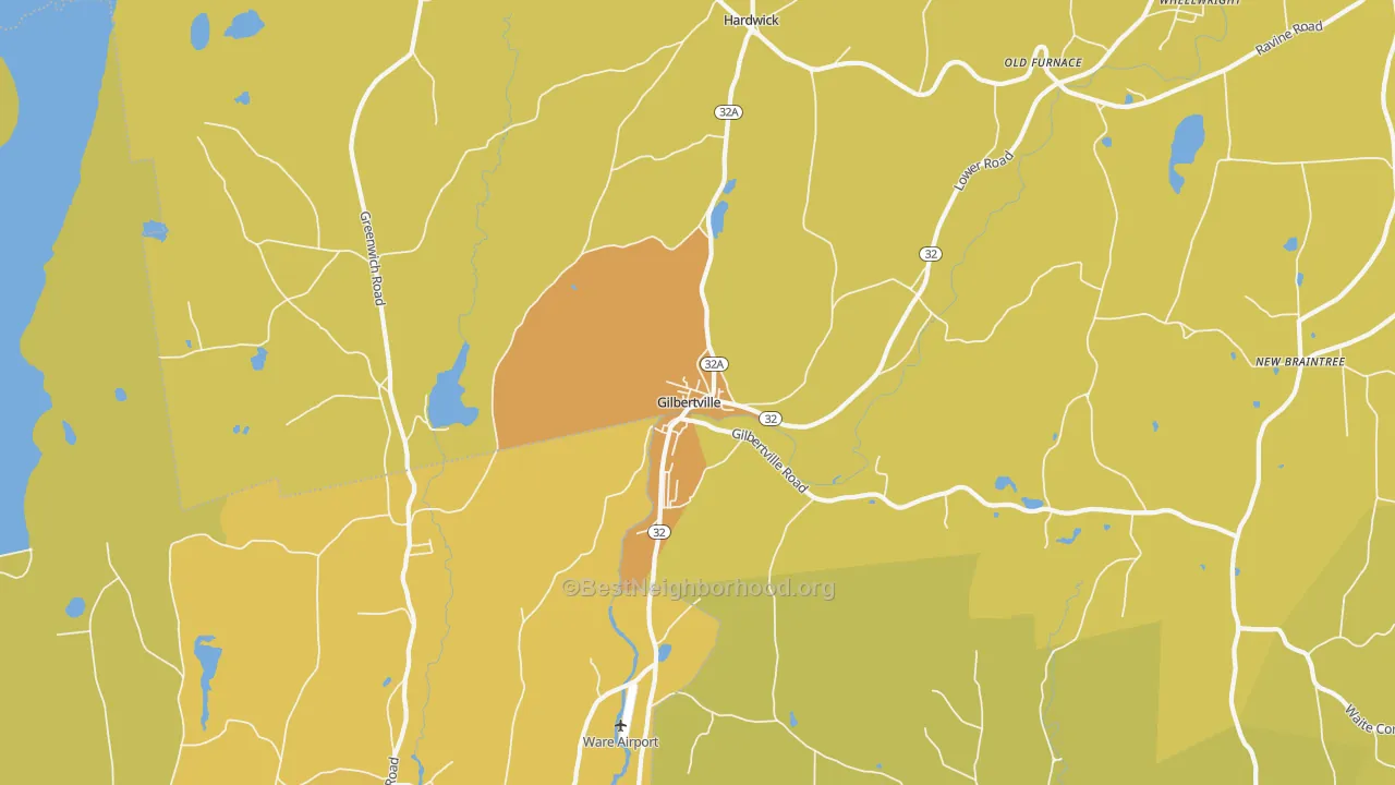 Map of the best neighborhoods in the Gilbertville area, with better matches in green and worse matches in red