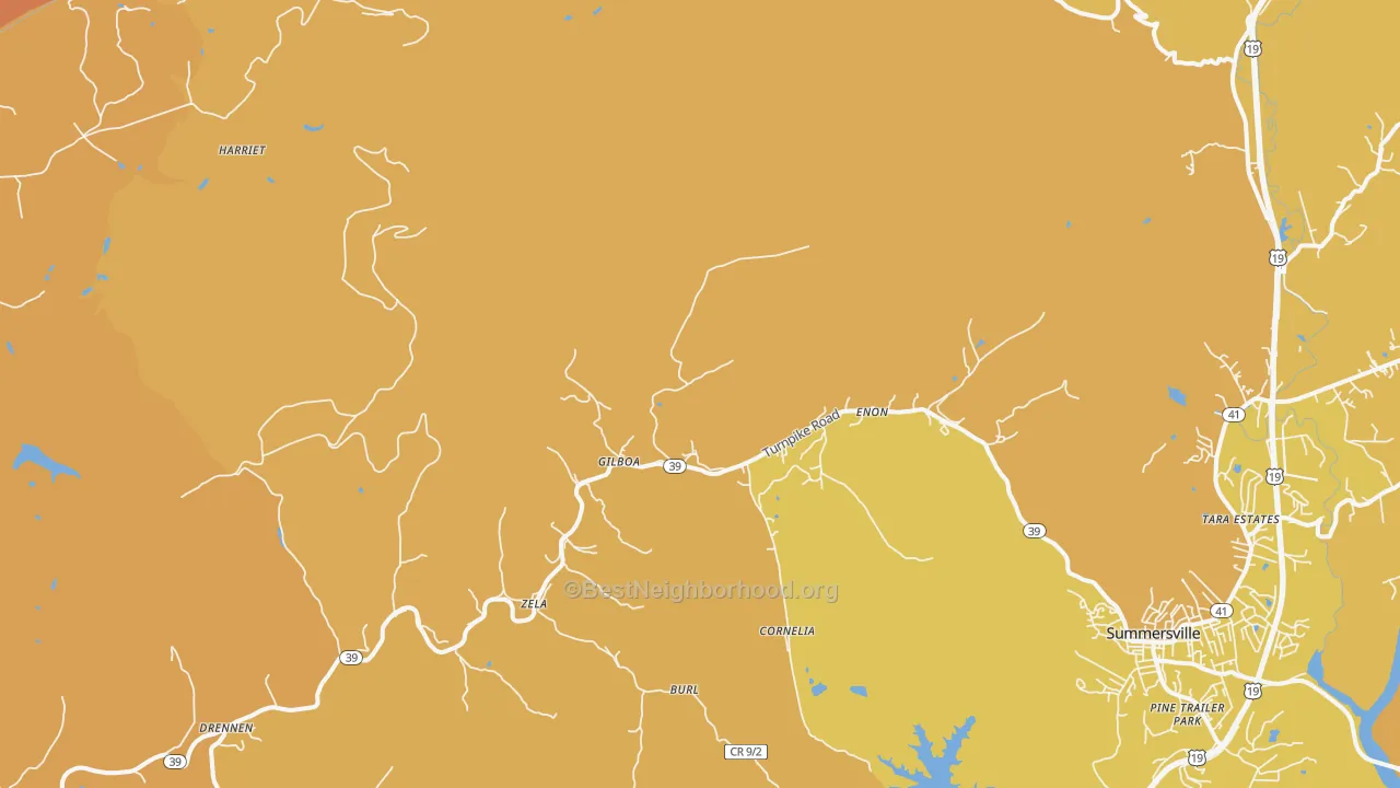 Map of the best neighborhoods in the Gilboa area, with better matches in green and worse matches in red