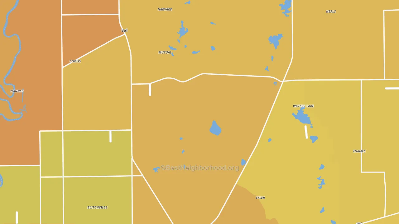 Map of the best neighborhoods in the Gilchrist County area, with better matches in green and worse matches in red
