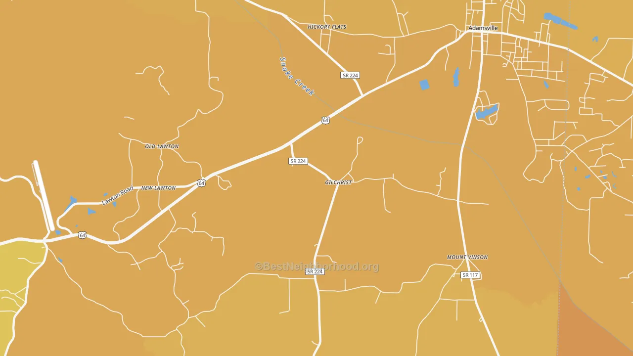 Map of the best neighborhoods in the Gilchrist area, with better matches in green and worse matches in red