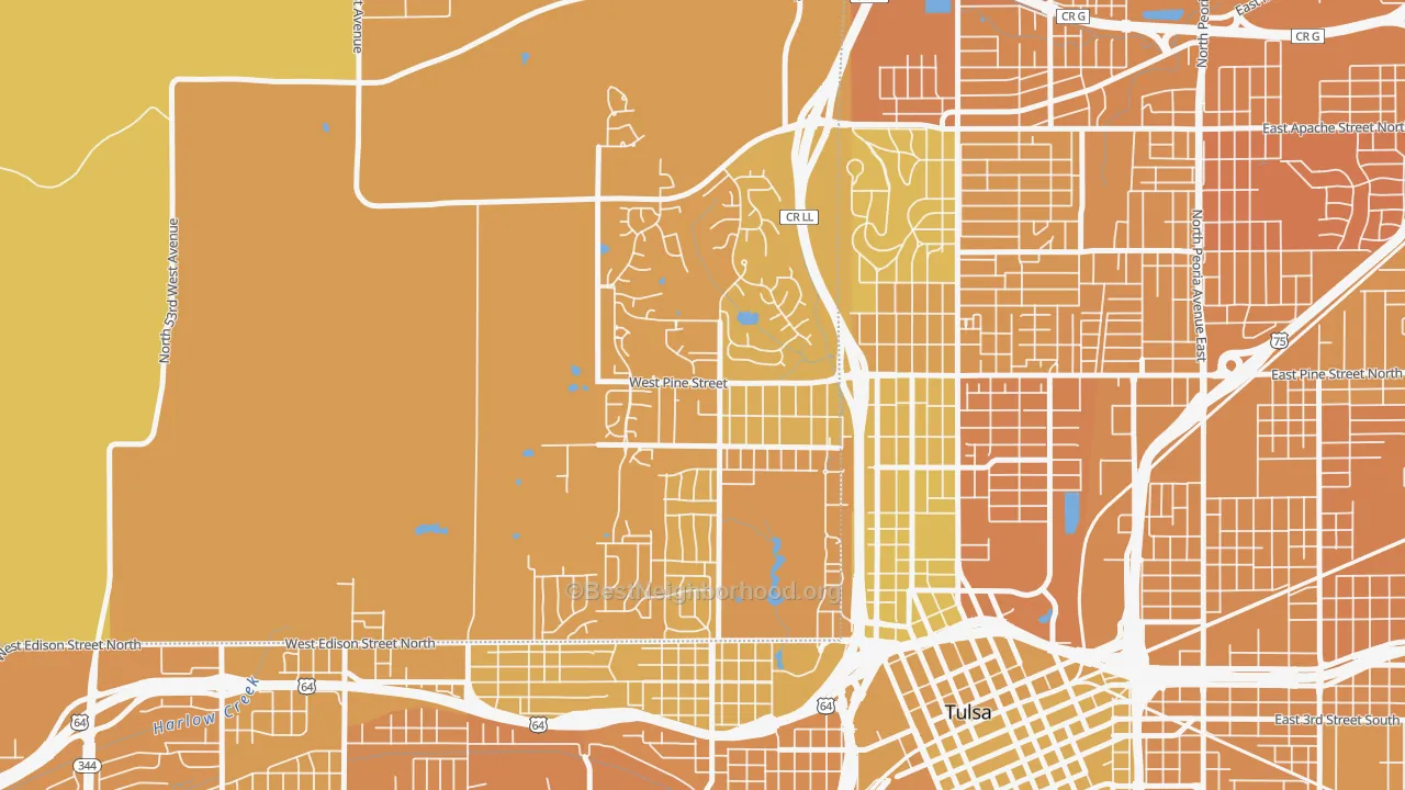 Map of the best neighborhoods in the Gilcrease Hills, Tulsa area, with better matches in green and worse matches in red
