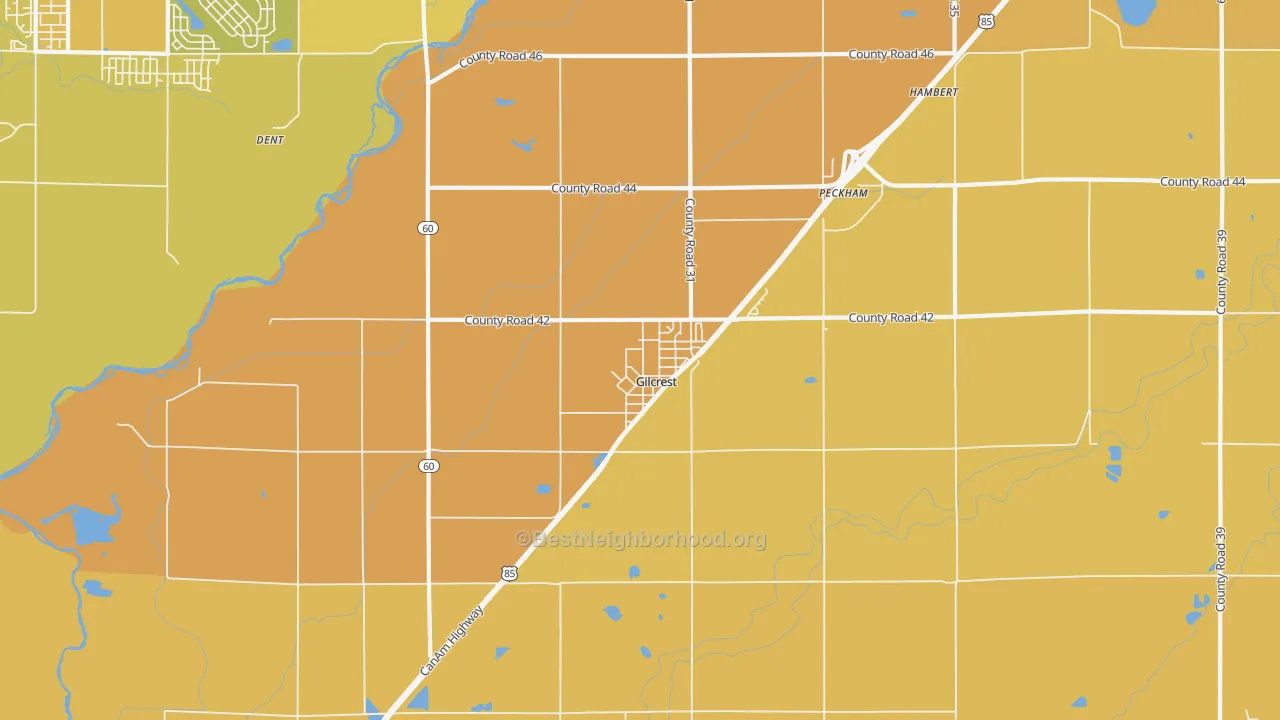 Map of the best neighborhoods in the Gilcrest area, with better matches in green and worse matches in red