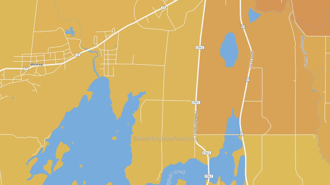 Map of the best neighborhoods in the Gile area, with better matches in green and worse matches in red