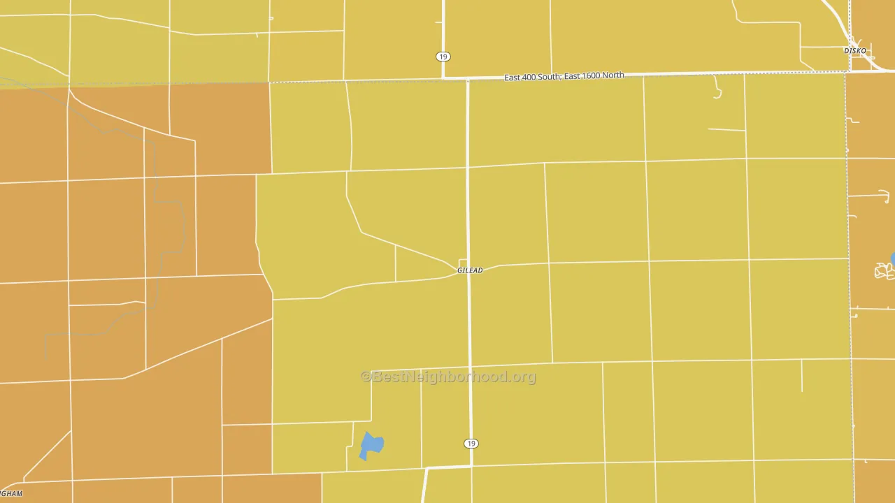 Map of the best neighborhoods in the Gilead area, with better matches in green and worse matches in red