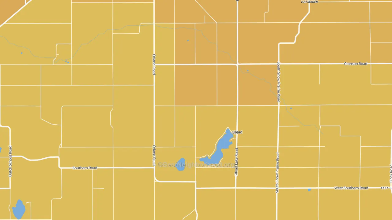 Map of the best neighborhoods in the Gilead area, with better matches in green and worse matches in red