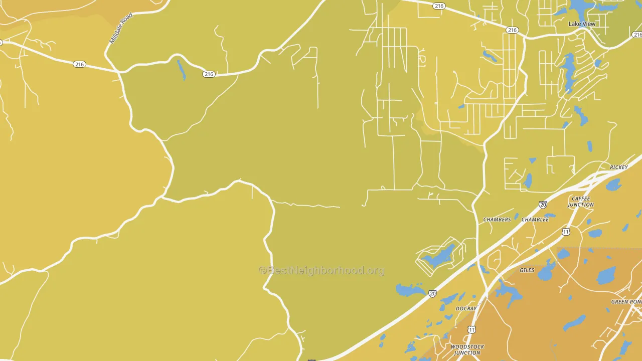 Map of the best neighborhoods in the Giles area, with better matches in green and worse matches in red