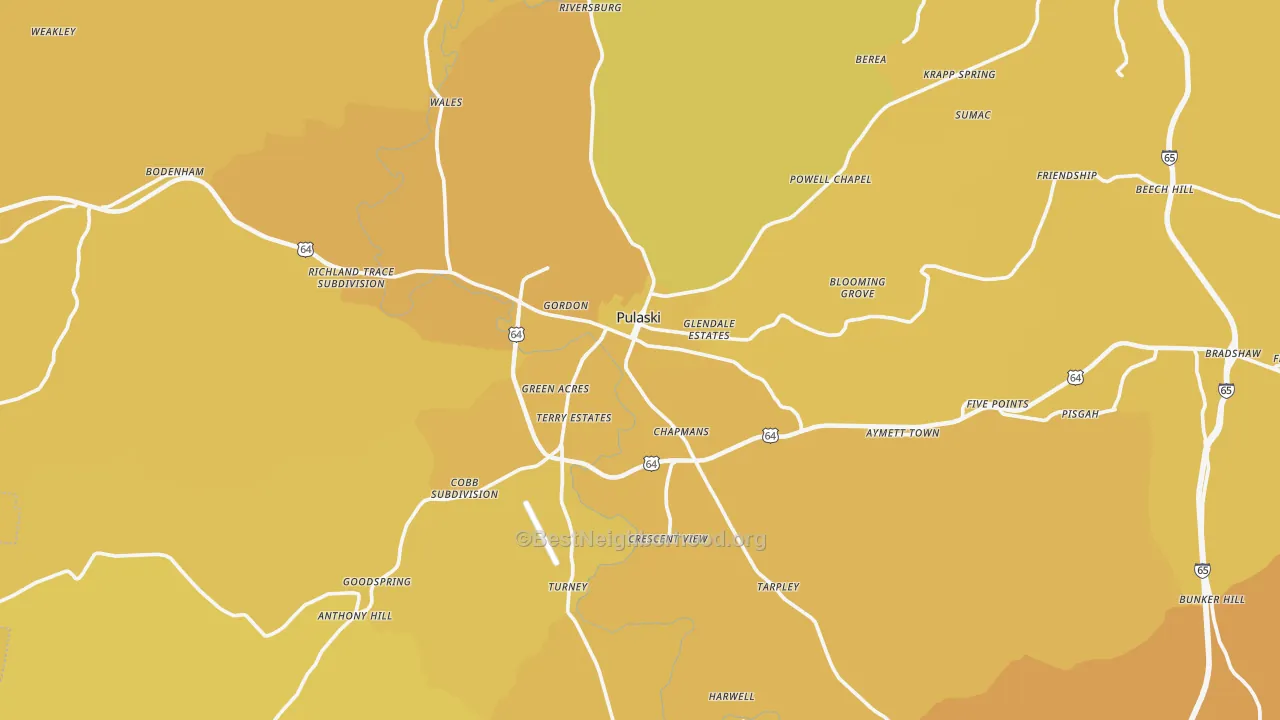 Map of the best neighborhoods in the Giles County area, with better matches in green and worse matches in red