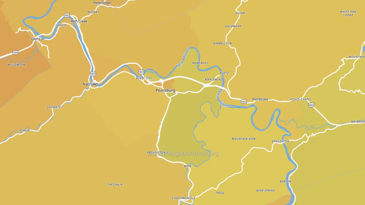 Map of the best neighborhoods in the Giles County area, with better matches in green and worse matches in red