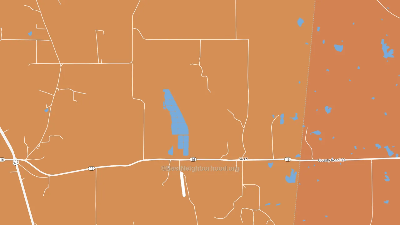 Map of the best neighborhoods in the Giles area, with better matches in green and worse matches in red