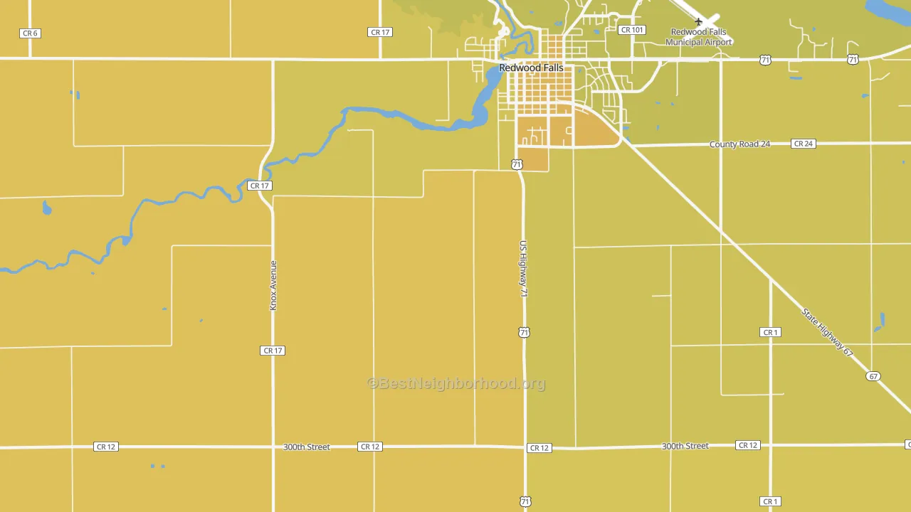 Map of the best neighborhoods in the Gilfillan area, with better matches in green and worse matches in red