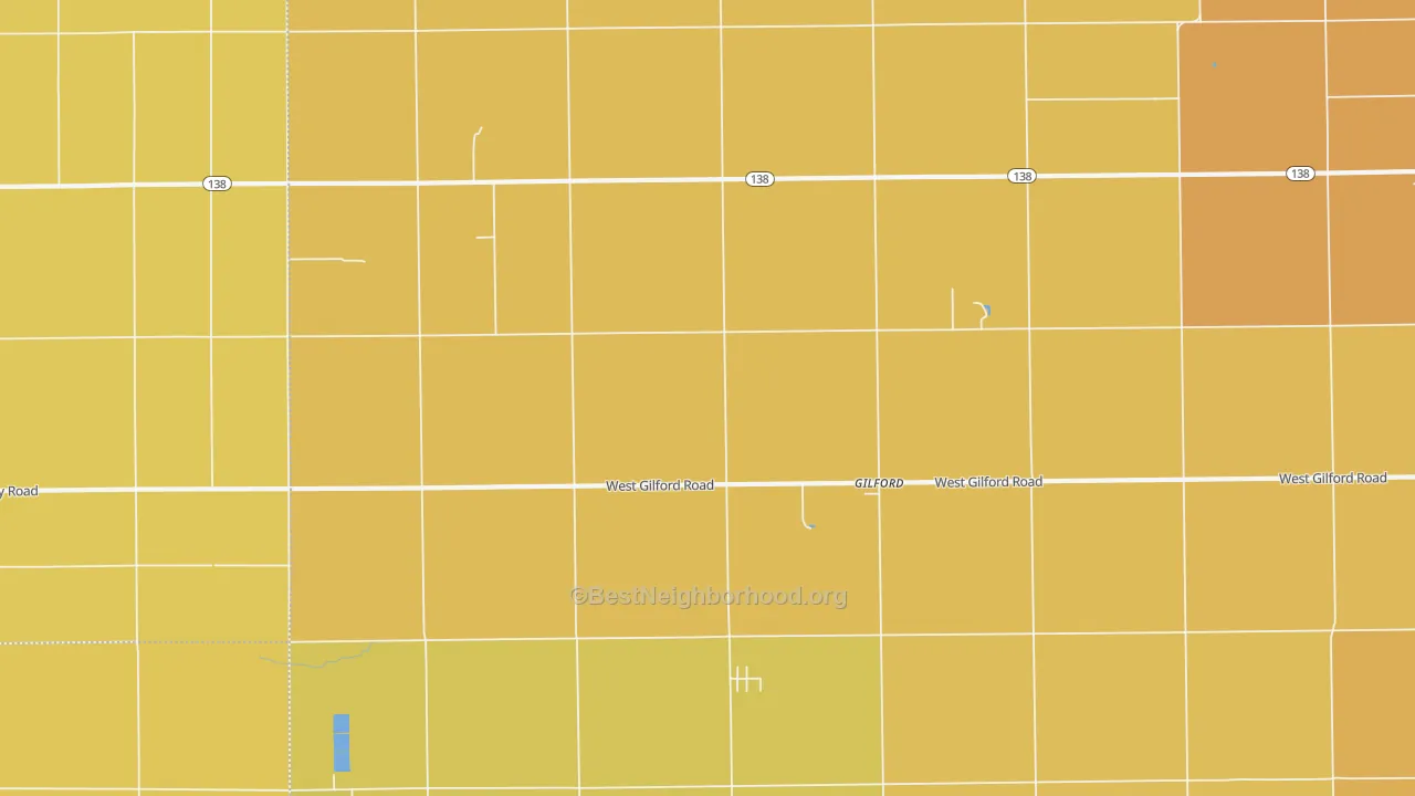 Map of the best neighborhoods in the Gilford area, with better matches in green and worse matches in red