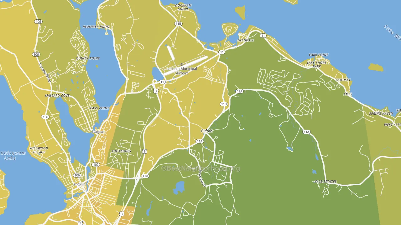 Map of the best neighborhoods in the Gilford area, with better matches in green and worse matches in red